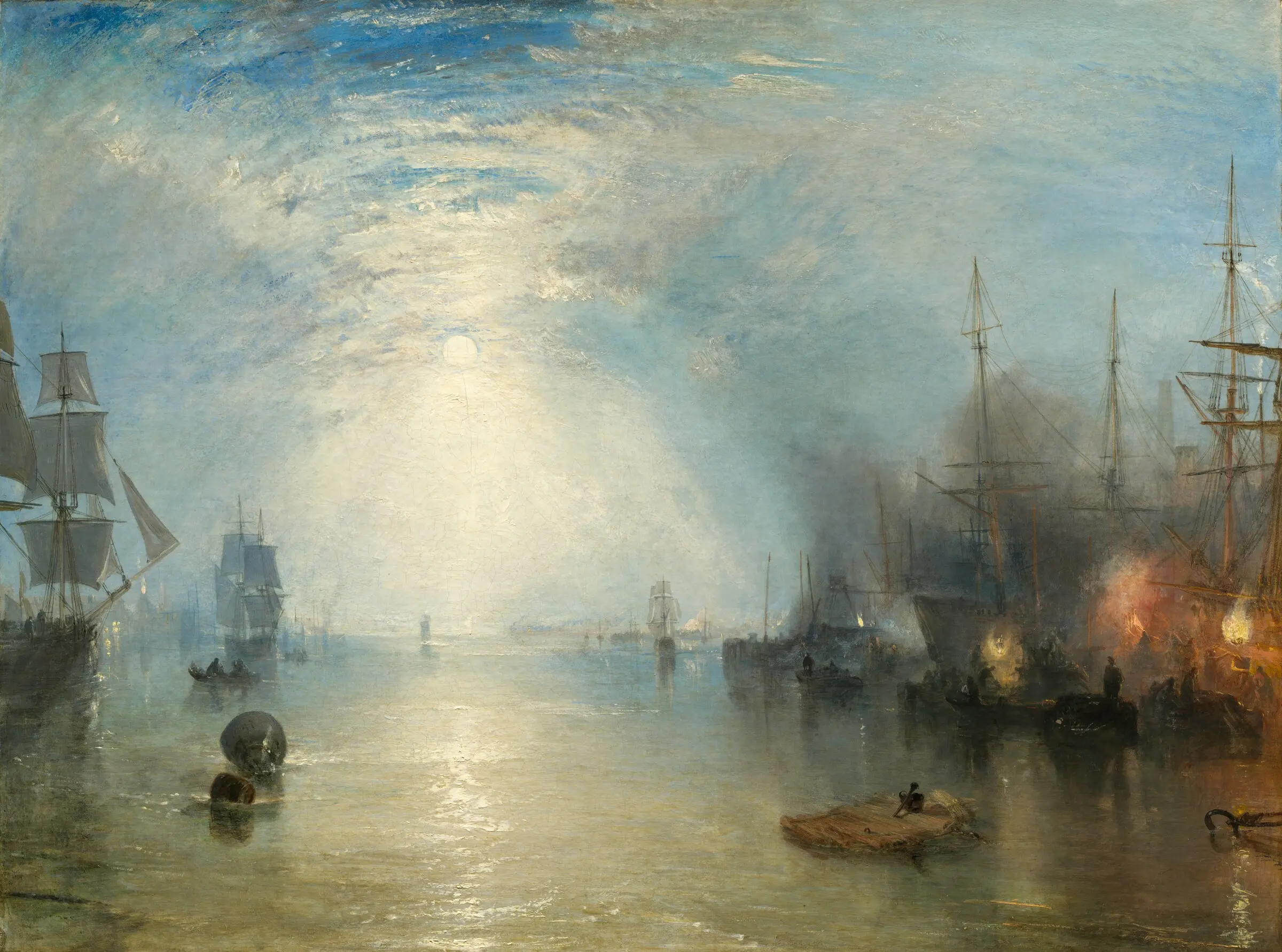 Moonlit ships on the River Tyne as keelmen load coal by firelight.